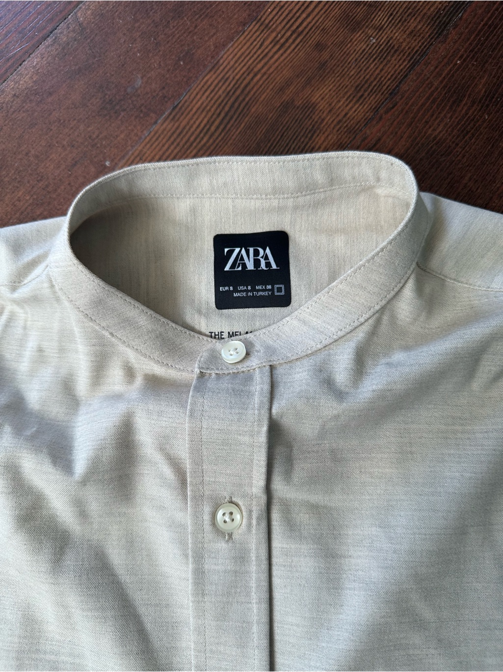 Zara Men's Light Beige Band Collar Button-Down Shirt